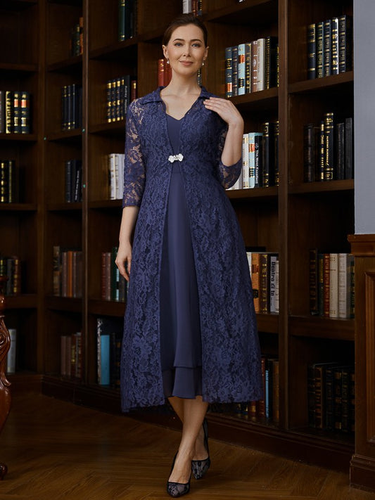 Teresa A-Line/Princess Chiffon Ruched V-neck Sleeveless Tea-Length Mother of the Bride Dresses PP6P0020277