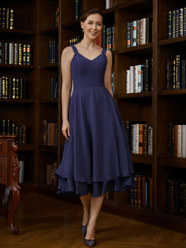 Teresa A-Line/Princess Chiffon Ruched V-neck Sleeveless Tea-Length Mother of the Bride Dresses PP6P0020277