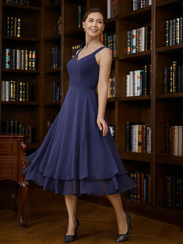 Teresa A-Line/Princess Chiffon Ruched V-neck Sleeveless Tea-Length Mother of the Bride Dresses PP6P0020277