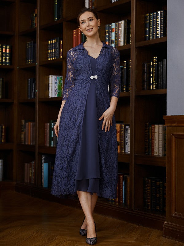 Teresa A-Line/Princess Chiffon Ruched V-neck Sleeveless Tea-Length Mother of the Bride Dresses PP6P0020277