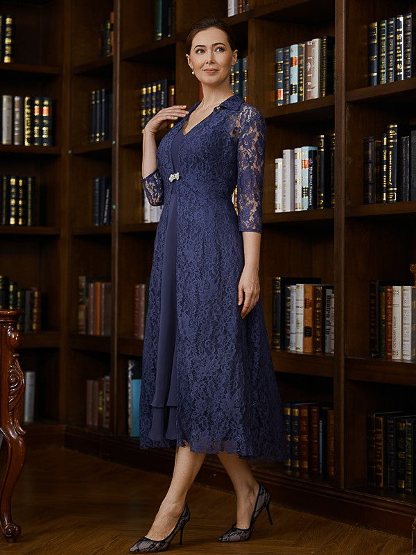 Teresa A-Line/Princess Chiffon Ruched V-neck Sleeveless Tea-Length Mother of the Bride Dresses PP6P0020277