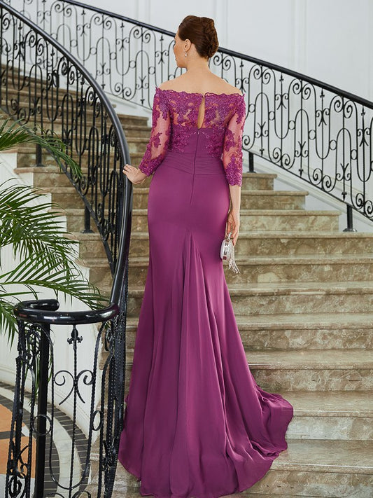 Justice Sheath/Column Chiffon Applique Off-the-Shoulder 3/4 Sleeves Sweep/Brush Train Mother of the Bride Dresses PP6P0020278