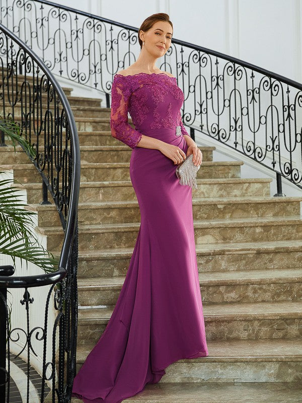 Justice Sheath/Column Chiffon Applique Off-the-Shoulder 3/4 Sleeves Sweep/Brush Train Mother of the Bride Dresses PP6P0020278