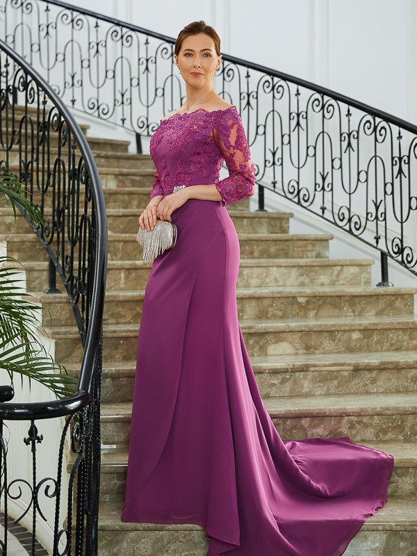 Justice Sheath/Column Chiffon Applique Off-the-Shoulder 3/4 Sleeves Sweep/Brush Train Mother of the Bride Dresses PP6P0020278