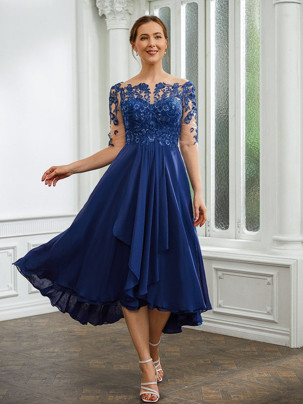 Katherine A-Line/Princess Chiffon Applique Bateau 1/2 Sleeves Tea-Length Mother of the Bride Dresses PP6P0020279