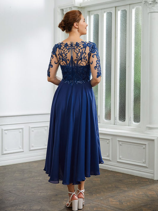 Katherine A-Line/Princess Chiffon Applique Bateau 1/2 Sleeves Tea-Length Mother of the Bride Dresses PP6P0020279