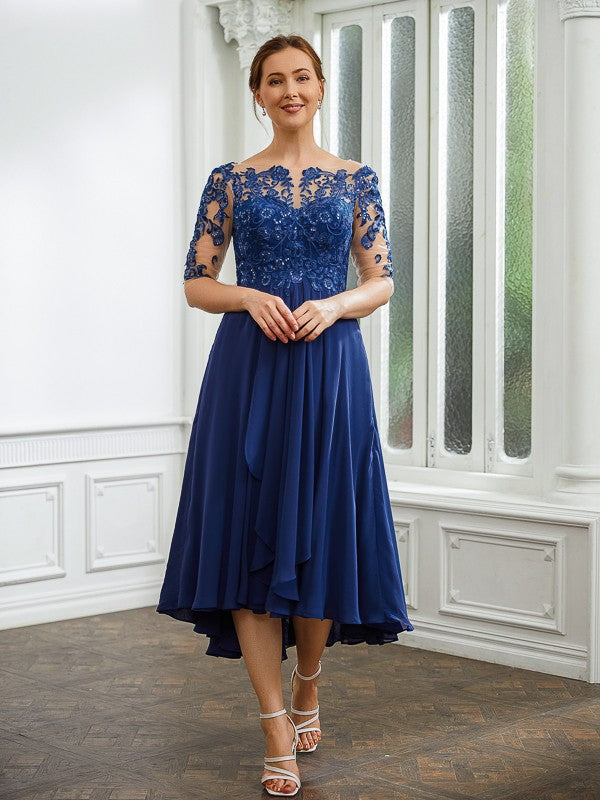 Katherine A-Line/Princess Chiffon Applique Bateau 1/2 Sleeves Tea-Length Mother of the Bride Dresses PP6P0020279