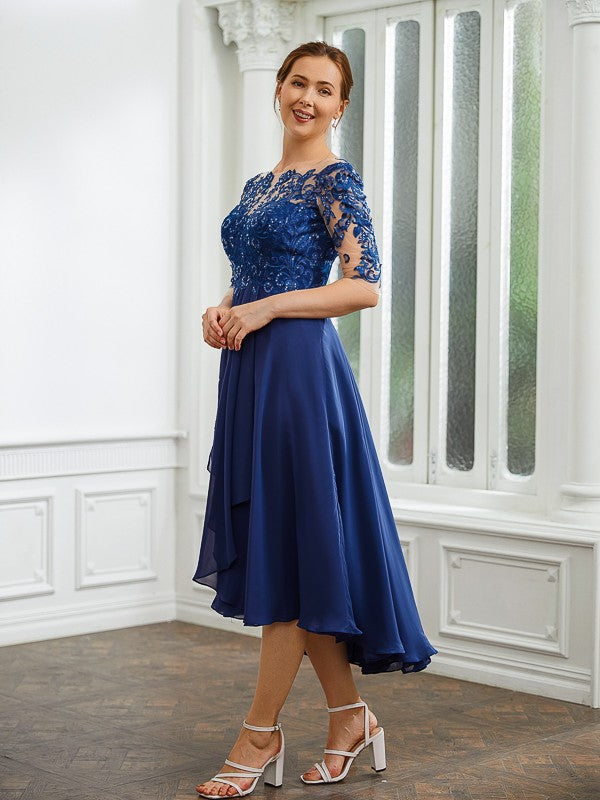 Katherine A-Line/Princess Chiffon Applique Bateau 1/2 Sleeves Tea-Length Mother of the Bride Dresses PP6P0020279