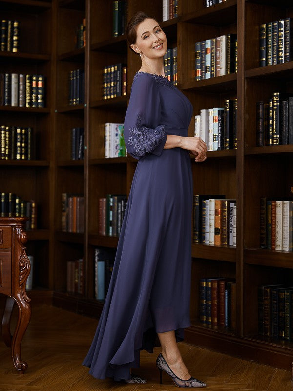 Piper A-Line/Princess Chiffon Ruched Bateau 3/4 Sleeves Asymmetrical Mother of the Bride Dresses PP6P0020265