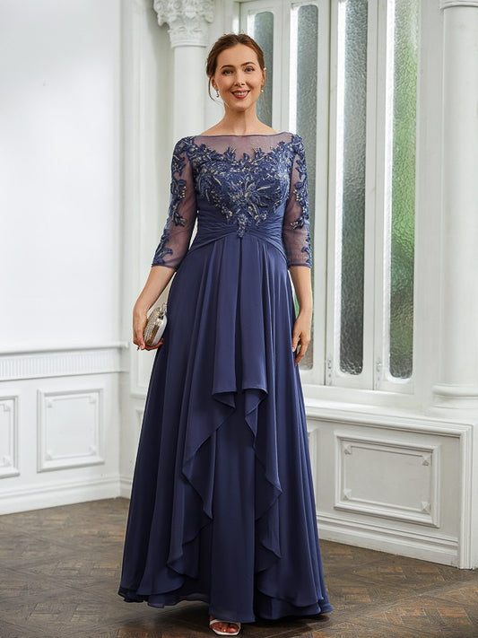 Evangeline A-Line/Princess Chiffon Applique Bateau 3/4 Sleeves Floor-Length Mother of the Bride Dresses PP6P0020266