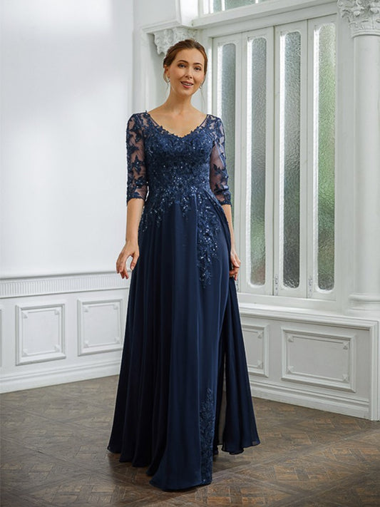 Penelope A-Line/Princess Chiffon Applique V-neck 3/4 Sleeves Floor-Length Mother of the Bride Dresses PP6P0020267