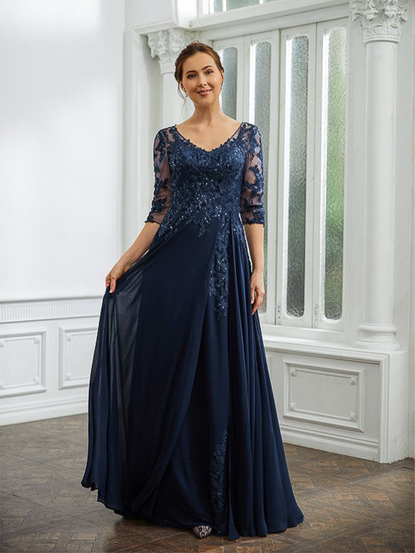 Penelope A-Line/Princess Chiffon Applique V-neck 3/4 Sleeves Floor-Length Mother of the Bride Dresses PP6P0020267