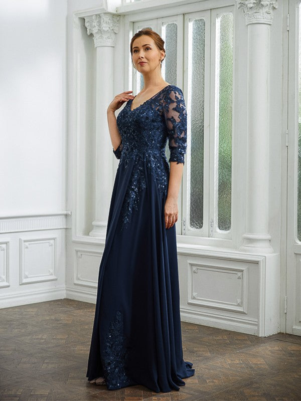 Penelope A-Line/Princess Chiffon Applique V-neck 3/4 Sleeves Floor-Length Mother of the Bride Dresses PP6P0020267