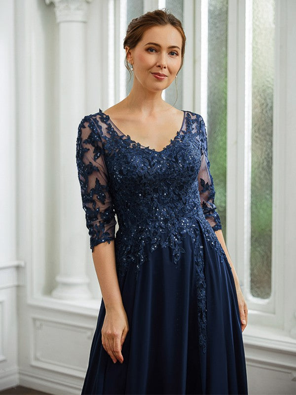 Penelope A-Line/Princess Chiffon Applique V-neck 3/4 Sleeves Floor-Length Mother of the Bride Dresses PP6P0020267