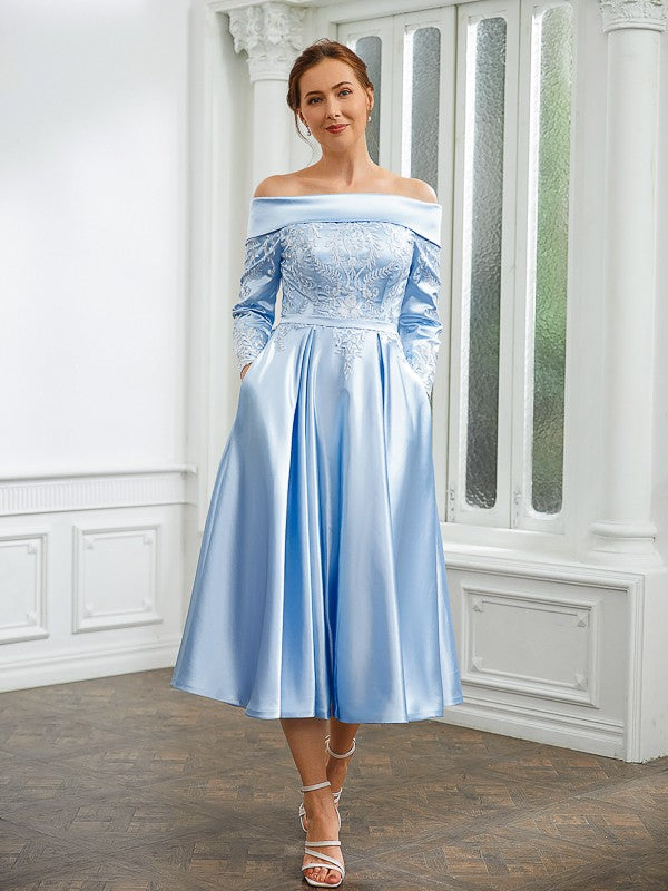 Julia A-Line/Princess Elastic Woven Satin Ruched Off-the-Shoulder Long Sleeves Tea-Length Mother of the Bride Dresses PP6P0020269