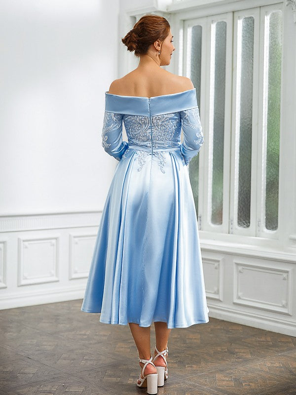 Julia A-Line/Princess Elastic Woven Satin Ruched Off-the-Shoulder Long Sleeves Tea-Length Mother of the Bride Dresses PP6P0020269