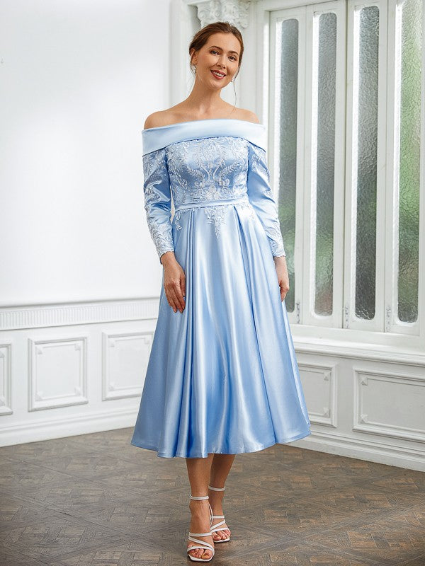 Julia A-Line/Princess Elastic Woven Satin Ruched Off-the-Shoulder Long Sleeves Tea-Length Mother of the Bride Dresses PP6P0020269