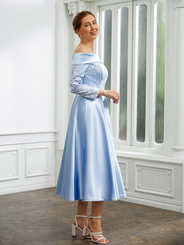 Julia A-Line/Princess Elastic Woven Satin Ruched Off-the-Shoulder Long Sleeves Tea-Length Mother of the Bride Dresses PP6P0020269