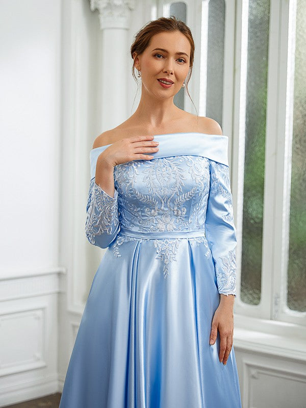 Julia A-Line/Princess Elastic Woven Satin Ruched Off-the-Shoulder Long Sleeves Tea-Length Mother of the Bride Dresses PP6P0020269