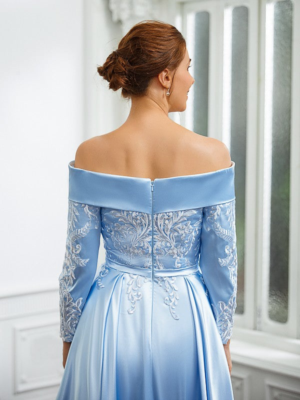 Julia A-Line/Princess Elastic Woven Satin Ruched Off-the-Shoulder Long Sleeves Tea-Length Mother of the Bride Dresses PP6P0020269