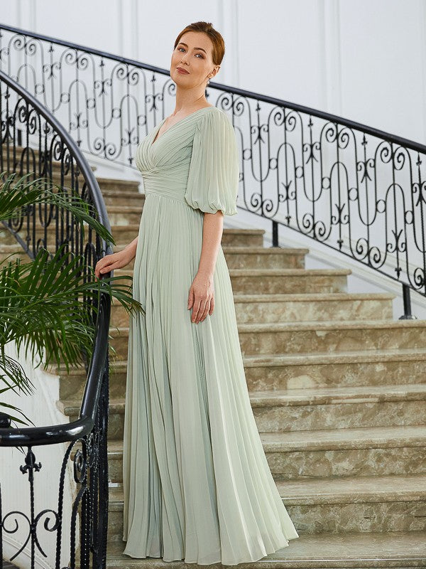 Kali A-Line/Princess Chiffon Ruched V-neck 1/2 Sleeves Floor-Length Mother of the Bride Dresses PP6P0020271