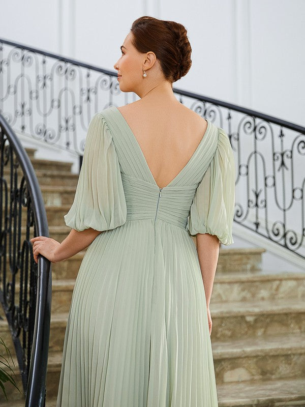 Kali A-Line/Princess Chiffon Ruched V-neck 1/2 Sleeves Floor-Length Mother of the Bride Dresses PP6P0020271