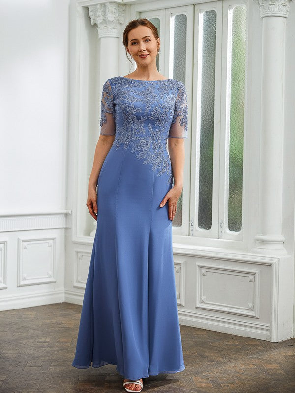 Rita Sheath/Column Chiffon Applique Bateau Short Sleeves Floor-Length Mother of the Bride Dresses PP6P0020272