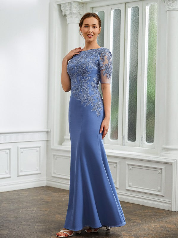 Rita Sheath/Column Chiffon Applique Bateau Short Sleeves Floor-Length Mother of the Bride Dresses PP6P0020272