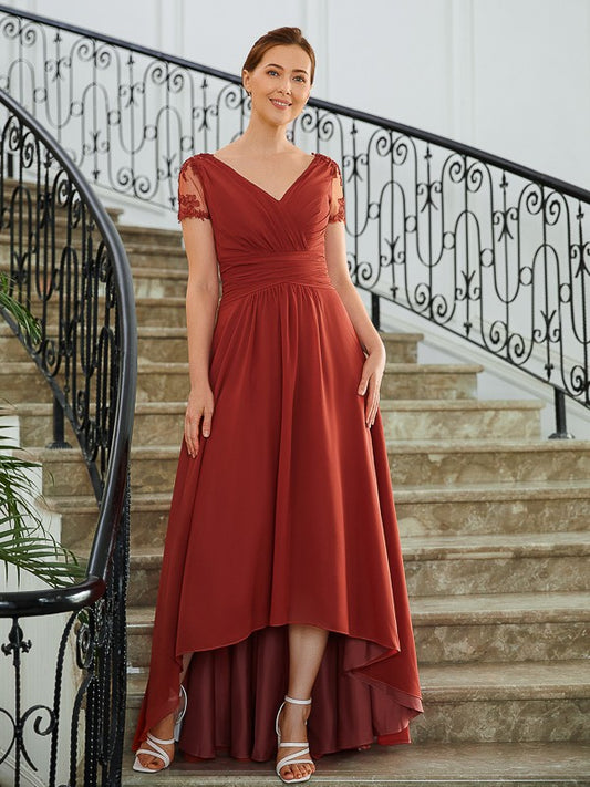 Lilia A-Line/Princess Chiffon Ruched V-neck Short Sleeves Asymmetrical Mother of the Bride Dresses PP6P0020273