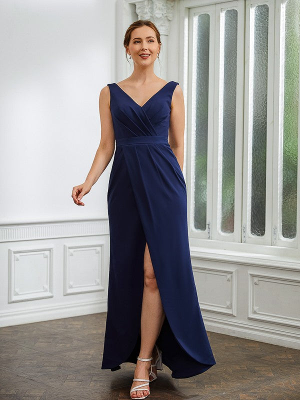 Veronica Sheath/Column Stretch Crepe Ruched V-neck Sleeveless Floor-Length Mother of the Bride Dresses PP6P0020258