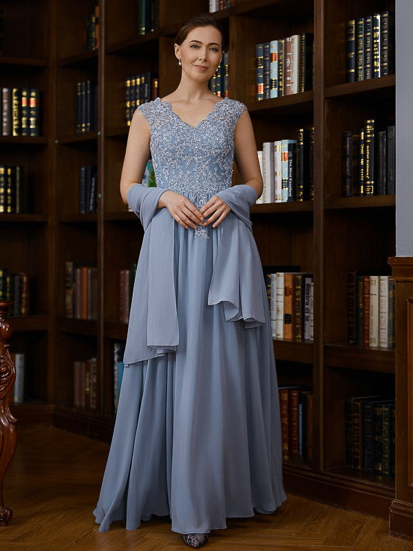 Raven A-Line/Princess Chiffon Applique V-neck Sleeveless Floor-Length Mother of the Bride Dresses PP6P0020259