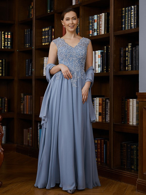 Raven A-Line/Princess Chiffon Applique V-neck Sleeveless Floor-Length Mother of the Bride Dresses PP6P0020259