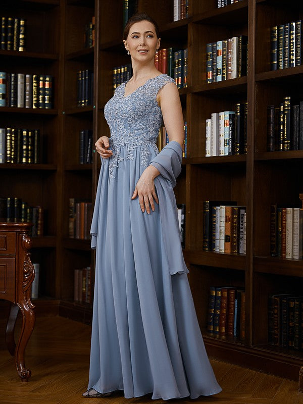 Raven A-Line/Princess Chiffon Applique V-neck Sleeveless Floor-Length Mother of the Bride Dresses PP6P0020259