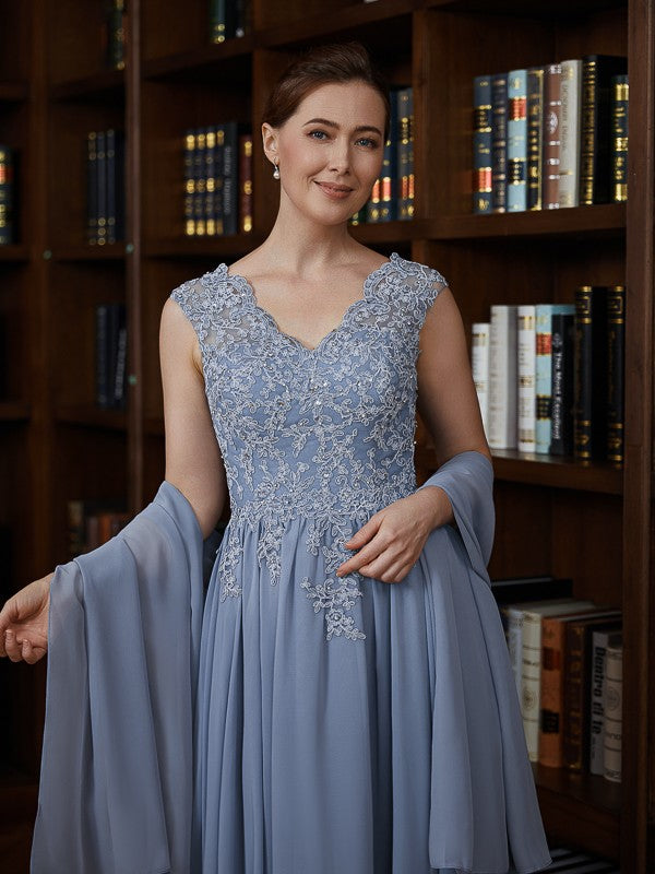 Raven A-Line/Princess Chiffon Applique V-neck Sleeveless Floor-Length Mother of the Bride Dresses PP6P0020259