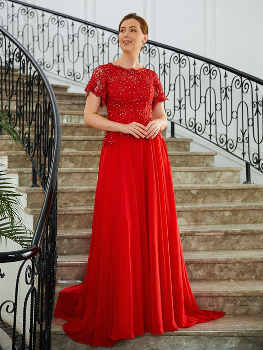 Kaylee A-Line/Princess Chiffon Applique Scoop Short Sleeves Sweep/Brush Train Mother of the Bride Dresses PP6P0020260