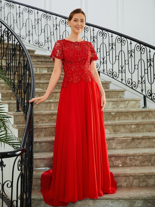 Kaylee A-Line/Princess Chiffon Applique Scoop Short Sleeves Sweep/Brush Train Mother of the Bride Dresses PP6P0020260