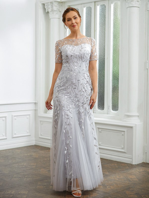 Delilah A-Line/Princess Tulle Ruched Bateau Short Sleeves Ankle-Length Mother of the Bride Dresses PP6P0020261