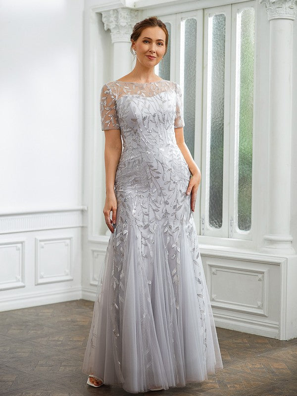 Delilah A-Line/Princess Tulle Ruched Bateau Short Sleeves Ankle-Length Mother of the Bride Dresses PP6P0020261