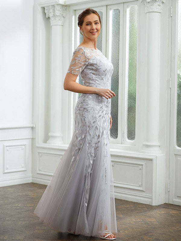 Delilah A-Line/Princess Tulle Ruched Bateau Short Sleeves Ankle-Length Mother of the Bride Dresses PP6P0020261