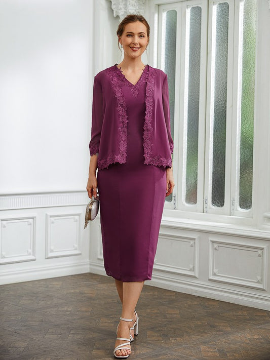 Genesis Sheath/Column Chiffon Applique V-neck Sleeveless Tea-Length Mother of the Bride Dresses PP6P0020263