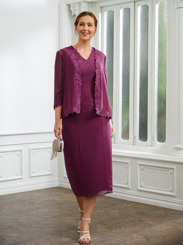 Genesis Sheath/Column Chiffon Applique V-neck Sleeveless Tea-Length Mother of the Bride Dresses PP6P0020263