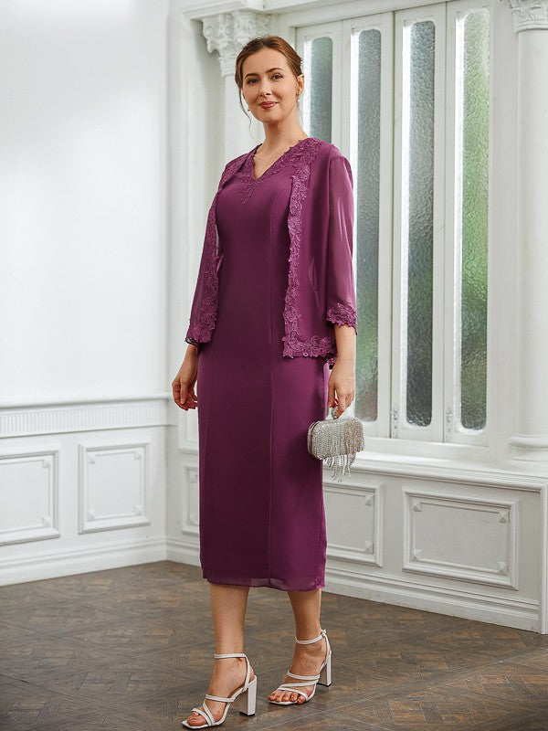 Genesis Sheath/Column Chiffon Applique V-neck Sleeveless Tea-Length Mother of the Bride Dresses PP6P0020263