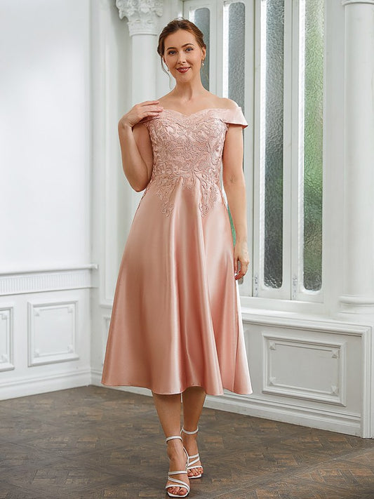 Kamila A-Line/Princess Satin Applique Off-the-Shoulder Sleeveless Tea-Length Mother of the Bride Dresses PP6P0020255