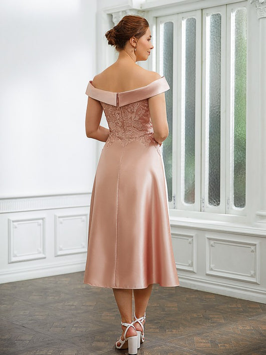 Kamila A-Line/Princess Satin Applique Off-the-Shoulder Sleeveless Tea-Length Mother of the Bride Dresses PP6P0020255