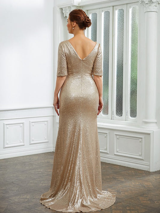 Diana Sheath/Column Sequins Ruched 1/2 Sleeves Sweep/Brush Train Mother of the Bride Dresses PP6P0020248