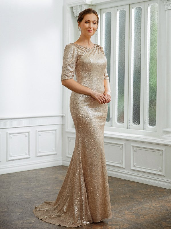 Diana Sheath/Column Sequins Ruched 1/2 Sleeves Sweep/Brush Train Mother of the Bride Dresses PP6P0020248