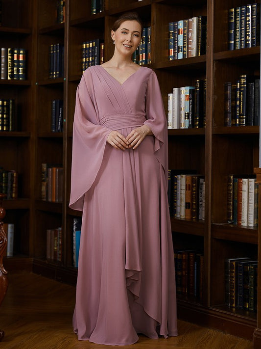 Willow A-Line/Princess Chiffon Ruched V-neck 3/4 Sleeves Floor-Length Mother of the Bride Dresses PP6P0020251