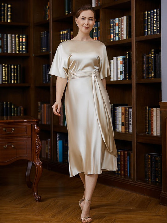 Rayna Sheath/Column Elastic Woven Satin Ruched Scoop Short Sleeves Tea-Length Mother of the Bride Dresses PP6P0020242