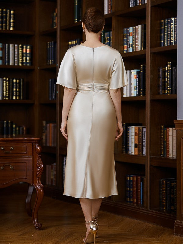 Rayna Sheath/Column Elastic Woven Satin Ruched Scoop Short Sleeves Tea-Length Mother of the Bride Dresses PP6P0020242