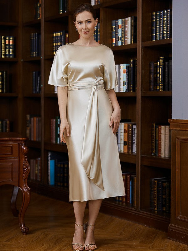 Rayna Sheath/Column Elastic Woven Satin Ruched Scoop Short Sleeves Tea-Length Mother of the Bride Dresses PP6P0020242